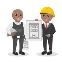 construcción trabajador africano hablar con achitect diseño personaje en blanco antecedentes vector