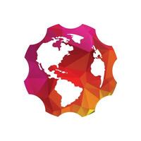 Colorful polygonal badge with world map. Vector illustration.