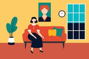 A woman sitting on a sofa in the living room. vector