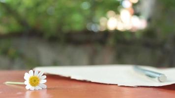 Marguerite, stylo et lettre papier affiché sur le table avec le vent, fleur et lettre papier sur une ensoleillé journée dans le Accueil jardin video