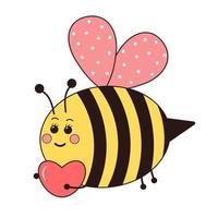 Cute bee with heart. Groovy retro character. vector