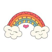 Cute rainbow character with clouds. Groovy retro hippie psychedelic clipart. vector