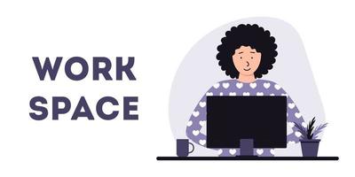 Working space, concept illustration. Young woman working on desktop home office workplace. Vector flat style illustration