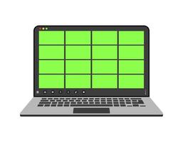 Videocall interface, video call screen icons and UI template for laptop, vector overlay. Video conference or videocall online chat mockup with chromakey for laptop application. Sixteen users