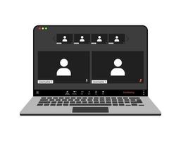 Videocall interface, video call screen icons and UI template for laptop, vector overlay. Video conference or videocall online chat mockup for laptop application with call buttons. Six users