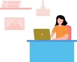 The girl is working at her desk. vector