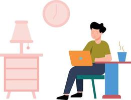 Boy working at home with a cup of tea. vector
