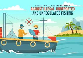 International Day for the Fight Against Illegal, Unreported and Unregulated Fishing Vector Illustration with Rod Fish in Flat Hand Drawn Templates