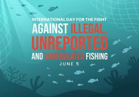 internacional día para el lucha en contra ilegal, No denunciado y desregulado pescar vector ilustración con varilla pescado en plano mano dibujado plantillas