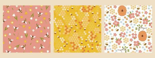 Set of seamless patterns with bees and flowers. Vector graphics.