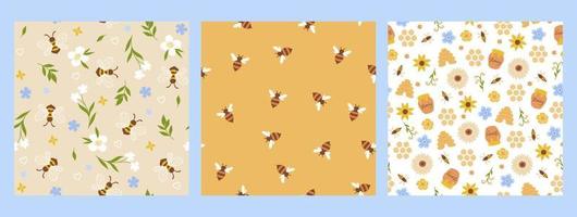 Set of seamless patterns with bees and flowers. Vector graphics.