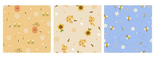 Set of seamless patterns with bees and flowers. Vector graphics.