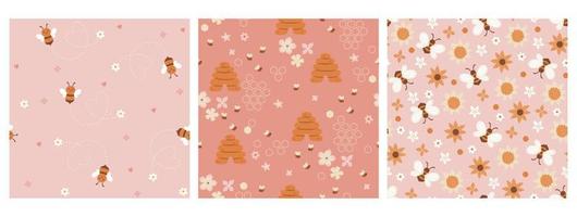 Set of seamless patterns with bees and flowers. Vector graphics.