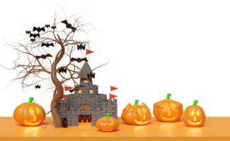 3d halloween pumpa Semester fest med besatt slott, flygande fladdermöss, rädd domkraft o lykta och ljus ljus i pumpa för Lycklig halloween, 3d framställa illustration, isolerat. png