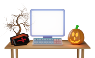 3d laptop computer on table with blank screen, coffin, candle light in pumpkin, tree isolated. happy halloween concept, 3d render illustration png