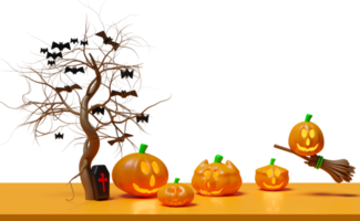 3d halloween pumpkin holiday party with coffin, flying bats, broom, Scared Jack O Lantern and candle light in pumpkin for happy halloween, 3d render illustration, isolated png