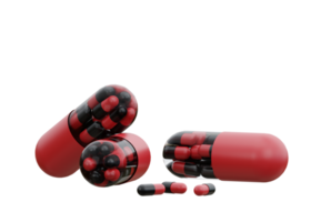 negro y rojo medicina pastillas pequeño pastillas dentro grande tableta cápsulas 3d representación. farmacia y cuidado de la salud concepto. drogas conciencia. png
