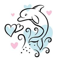 Transferable temporary girl tattoo. Dolphin on the waves and hearts. Lineart, 90's style vector