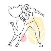 A beautiful couple are moving. Lovers dance bachata, salsa. Gentle line art with spots. Minimalism vector