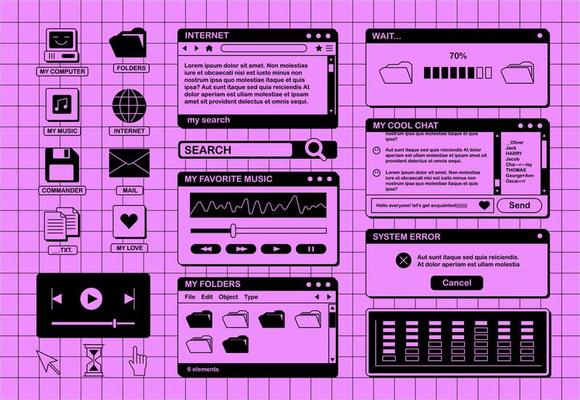 The screen of an old retro PC in the y2k style. Retro wave and vaporwave background. Bright vintage computer interface