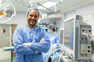 Anesthetist Working In Operating Theatre Wearing Protecive Gear checking monitors while sedating patient before surgical procedure in hospital photo