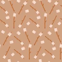 Seamless pattern of marshmallows on sticks for baking over a fire. Picnic, hiking, camping, hiking. Vector illustration in the flat style. Isolated on a white background.