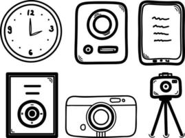 conjunto de mano dibujado garabatear íconos de cámara, alarma reloj, inteligente teléfono, foto cámara. vector ilustración
