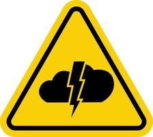 Storm warning sign. Yellow triangle sign with lightning and cloud icon inside. Beware of bad weather. Thunderstorm danger. Watch out for lightning bolts. Hurricane, thunderstorm, storm, squally wind. vector