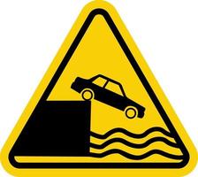 Sign leave to the shore or embankment. Yellow triangle. Warning road sign. The car falls off the slope into the water. Danger zone. Caution, dangerous embankment. Stop car. vector