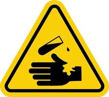 Sign of corrosive substance. Warning sign corrosive substance. Yellow triangle sign with hand icon and test tube inside. Danger, skin burns and eye damage. vector