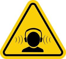 Hearing protection sign. High noise level warning sign. Yellow triangle sign with a human head icon with headphones inside. Wear headphones or earplugs. High noise protection sign. vector