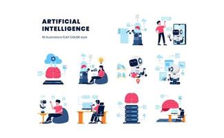 Artificial Intelligence future technology with robot machine learning computation to help human task illustration with flat color style set for ui webpage vector