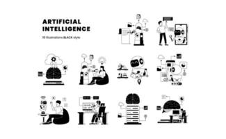 Artificial Intelligence future technology with robot machine learning computation to help human task illustration set with black color style for ui webpage vector