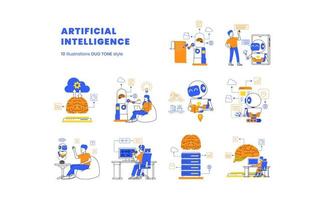 Artificial Intelligence future technology with robot machine learning computation to help human task illustration set with duo tone color style for ui webpage vector