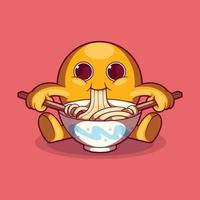 emoji personaje comiendo un cuenco de ramen con palillos vector ilustración. alimento, divertido, marca diseño concepto.