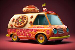 Pizza delivery. Pizza as fast food car. Mascot pizza car design. Logotype for restaurant or cafe. Street food festival symbol with pizza in cartoon style. photo