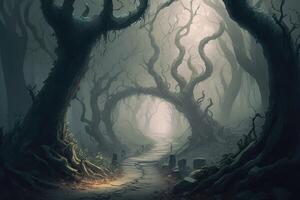 Misty and mysterious forest with ancient trees shrouded in fog and a winding path leading deeper into the woods. photo