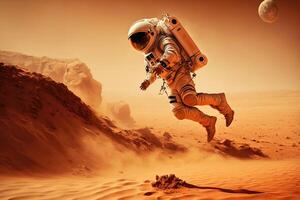 Zero gravity. Weightless wonder. Spaceman jumps at mars. photo