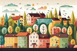 ai generado linda y vistoso escandinavo estilo pueblo con un fila de casas y ciudad edificios foto