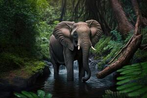 elefante en el bosque arroyo. ai generado foto