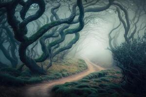 Misty and mysterious forest with ancient trees shrouded in fog and a winding path leading deeper into the woods. photo