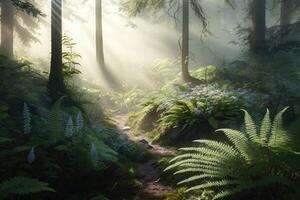 Misty forest glade with rays of sunlight filtering through the trees and illuminating a carpet of ferns and wildflowers. photo