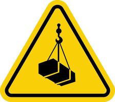 Crane sign. Crane warning sign with suspended load. Yellow triangle sign with a crate attached to a hook inside. Caution crane, stay clear of suspended loads. Loading cargo by crane. Overhead crane. vector