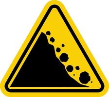Falling stones sign. Warning road sign falling stones. Yellow triangle sign with a falling stone icon inside. Road sign Caution landslide. The zone of falling stones, the collapse of mountains. vector
