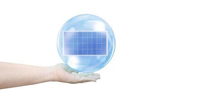Solar panels in bubbles float in hand in the air. isolated on white concept of solar energy Clean energy. photo