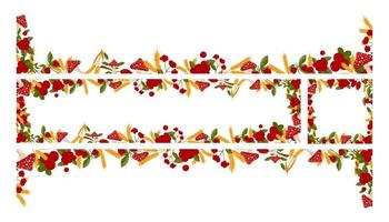 Set of spring horizontal frames with raspberries, cranberries and toadstools. Summer vector banners