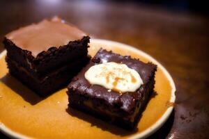 Piece of cake on a white plate on a wooden table. Homemade cake with nuts and honey. photo