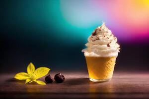 delicious ice cream in a cup, close-up, on the table. sweet food. photo