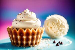 delicious ice cream in a cup, close-up, on the table. sweet food. photo