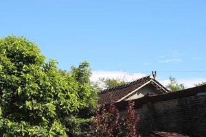photo of the blue sky above the roof tiles of the house